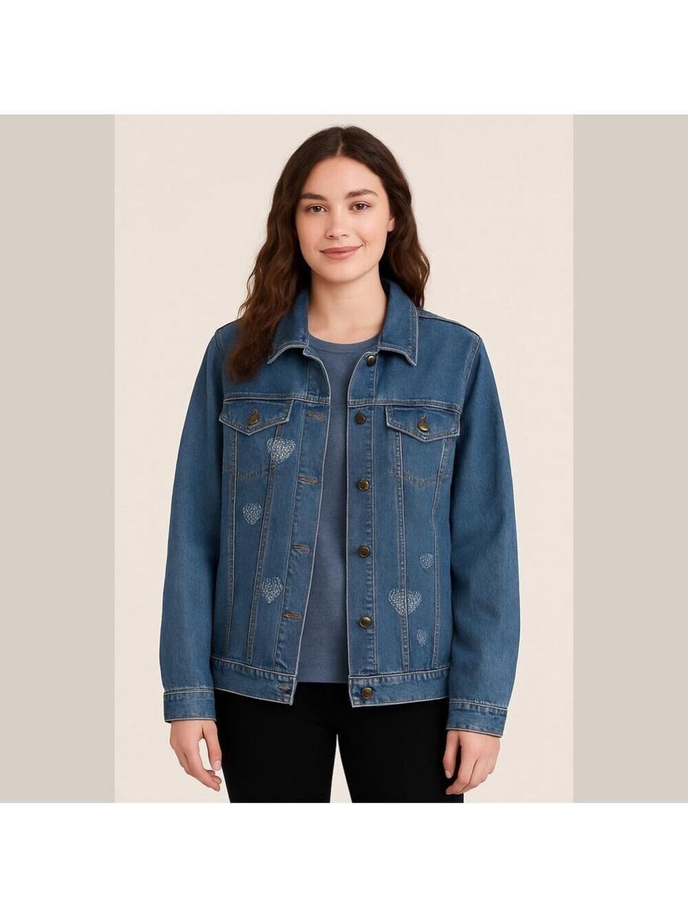 Vintage cottagecore Denim Jean Jacket Heart bedazzled hearts granny teacher